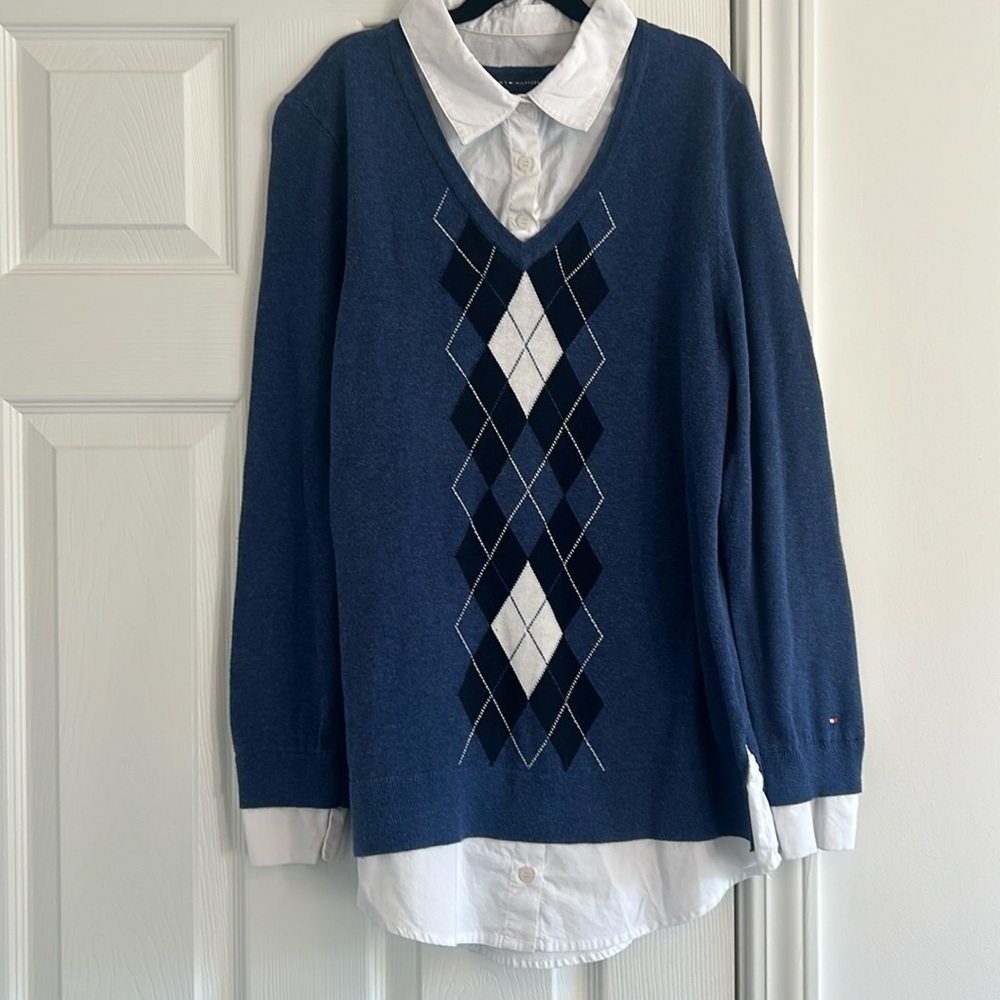Tommy Hilfiger Medium layered-look argyle sweater in blue, black and white.
